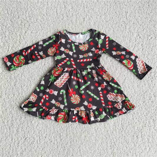 9.19 RTS NO MOQ（In stock）G3-4-1,' Baby Girls Winter Dress Christmas Cookie Lollipop Black Long Sleeve Dress