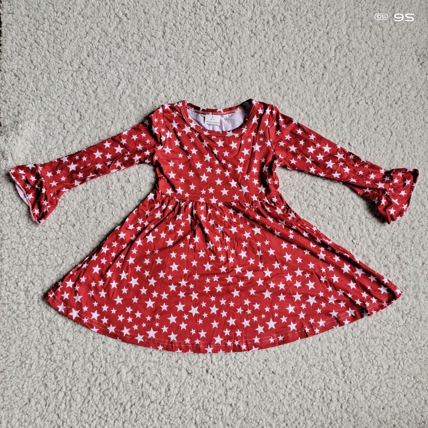 9.25 RTS NO MOQ（In stock）G3-4-1.; Baby Girls Winter Dress Small five-pointed star red long-sleeved dress