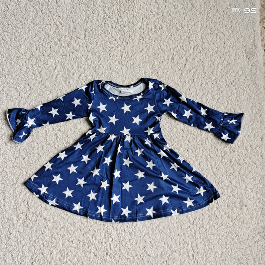 9.24 RTS NO MOQ（In stock）G3-4-2-. Baby Girls Winter Dress Five-pointed star azure blue long-sleeved dress