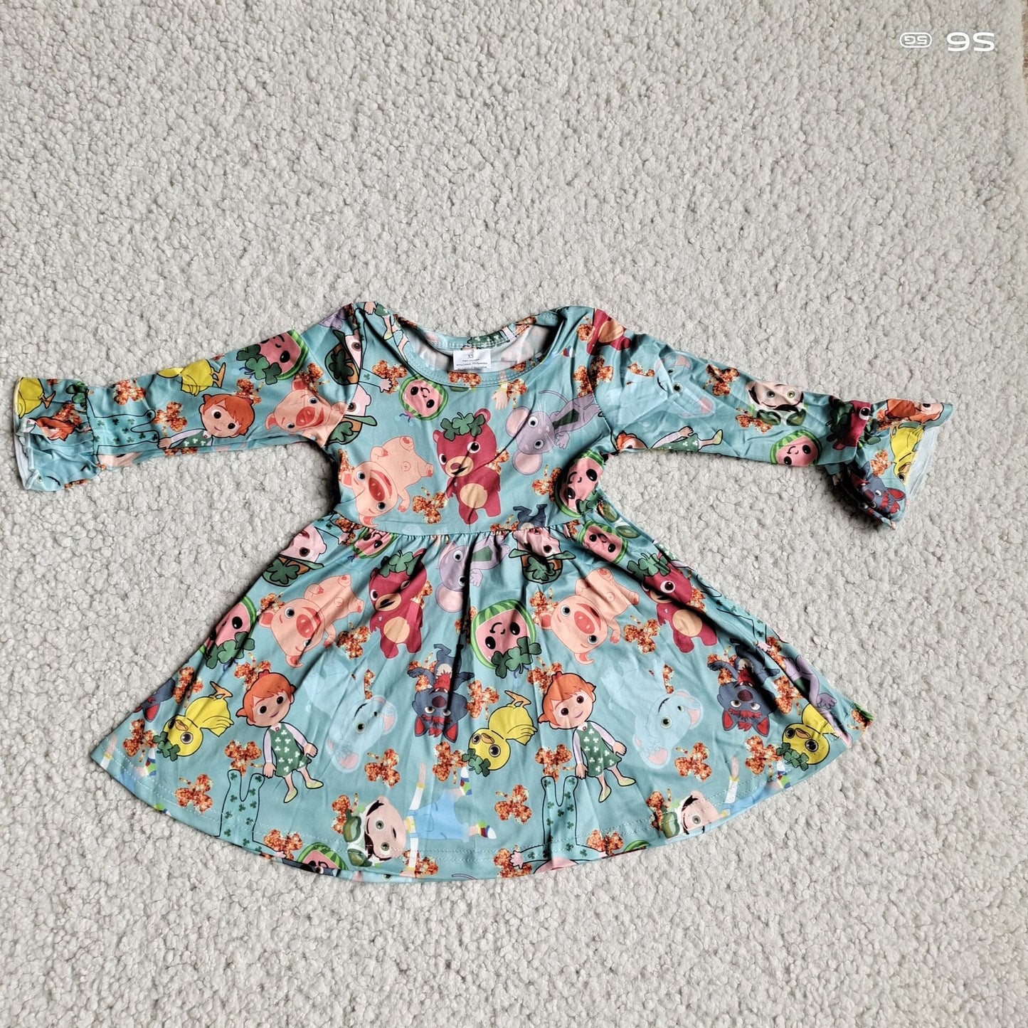 9.27 RTS NO MOQ（In stock）G3-4-4 Baby Girls Winter Dress Mouse Bear Girl Green Long Sleeve Dress