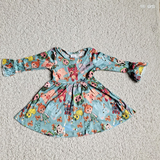9.27 RTS NO MOQ（In stock）G3-4-4 Baby Girls Winter Dress Mouse Bear Girl Green Long Sleeve Dress