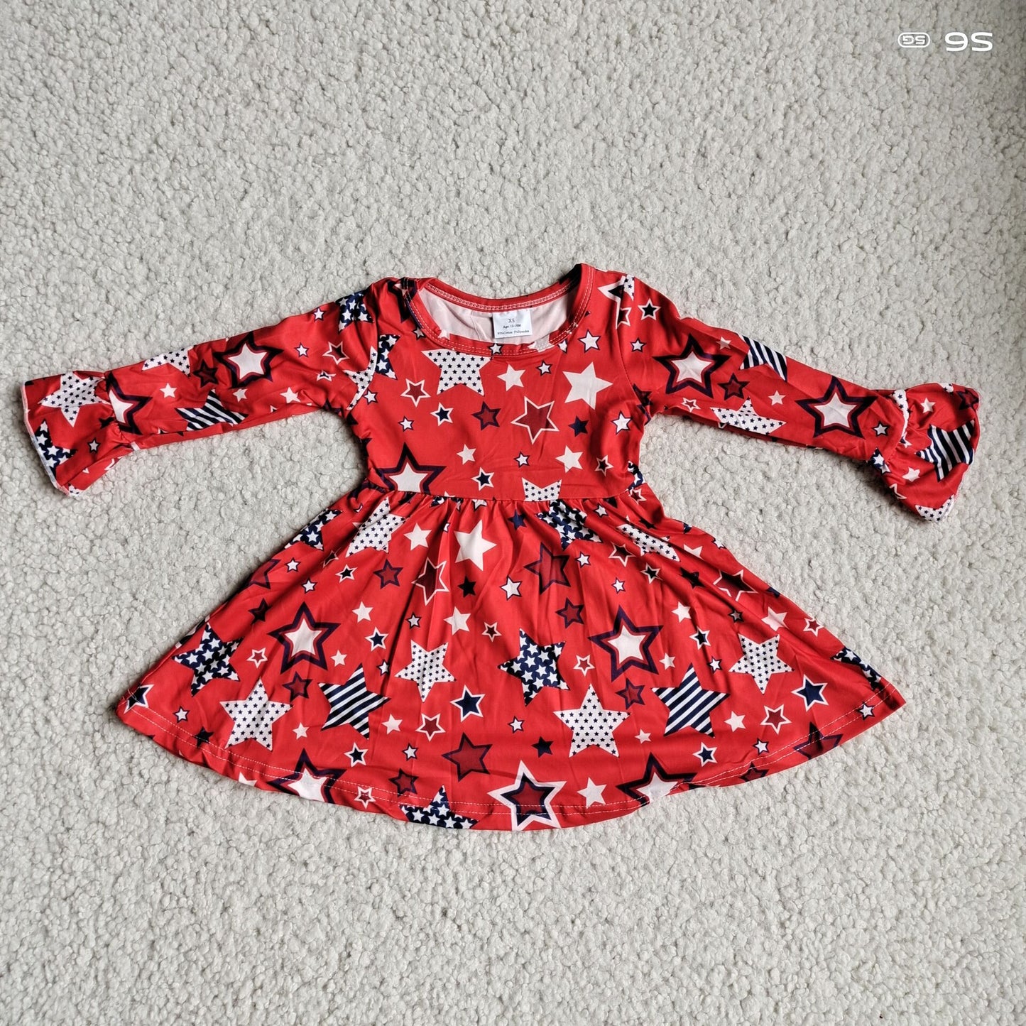 9.24 RTS NO MOQ（In stock）G2-20-5;' Baby Girls Winter Dress Red long-sleeved dress with national flag and stars