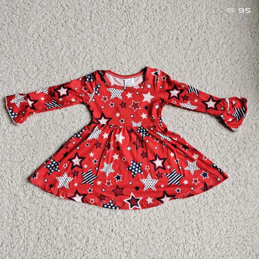 9.24 RTS NO MOQ（In stock）G2-20-5;' Baby Girls Winter Dress Red long-sleeved dress with national flag and stars