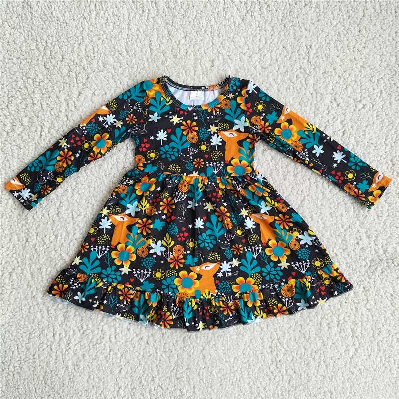 9.20 RTS NO MOQ（In stock）G2-20-5.' Baby Girls Winter Dress Blue flower deer black long sleeve dress