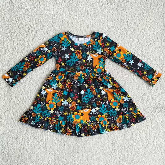 9.20 RTS NO MOQ（In stock）G2-20-5.' Baby Girls Winter Dress Blue flower deer black long sleeve dress