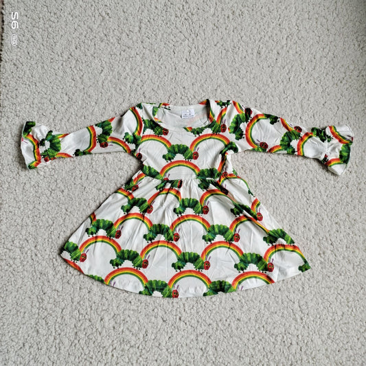 9.25 RTS NO MOQ（In stock）G2-20-5\. Baby Girls Winter Dress Rainbow Bug White Long Sleeve Dress