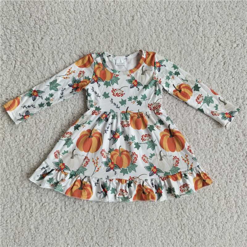 9.24 RTS NO MOQ（In stock）G2-20-5'* Baby Girls Winter Dress Pumpkin Leaf Long Sleeve Dress