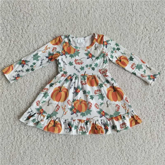 9.24 RTS NO MOQ（In stock）G2-20-5'* Baby Girls Winter Dress Pumpkin Leaf Long Sleeve Dress