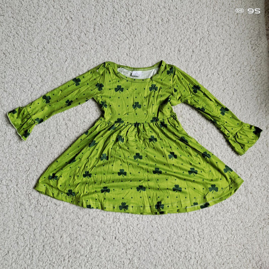 9.30 RTS NO MOQ（In stock）G2-20-3- Baby Girls Winter Dress clover polka dot green long-sleeved dress