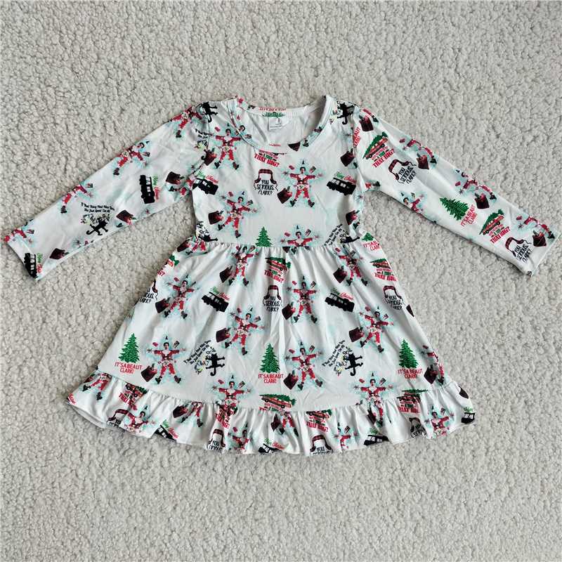 9.22 RTS NO MOQ（In stock）G2-20-2.; Baby Girls Winter Dress Santa Claus tree white long-sleeved dress