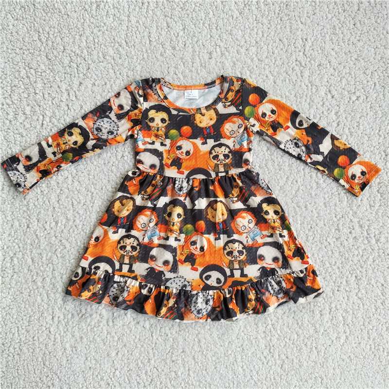 9.27 RTS NO MOQ（In stock）G2-20-2.,* Baby Girls Winter Dress Puppy Orange Long Sleeve Dress