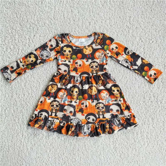9.27 RTS NO MOQ（In stock）G2-20-2.,* Baby Girls Winter Dress Puppy Orange Long Sleeve Dress