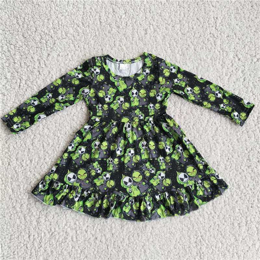 9.17 RTS NO MOQ（In stock）G2-20-2.;. Baby Girls Winter Dress Baby Girls Green Skeleton Monster Black Long Sleeve Dress