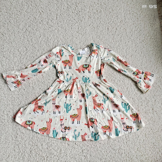 10.1 RTS NO MOQ（In stock）G3-20/* Baby Girls Winter Dress Orange Alpaca Cactus Long Sleeve Dress