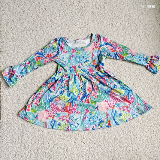 10.1 RTS NO MOQ（In stock）G3-20*/ Baby Girls Winter Dress Underwater World Colorful Oil Painting Long Sleeve Dress