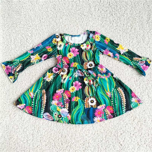 9.30 RTS NO MOQ（In stock）G2-20-2.. Baby Girls Winter Dress Purple Flower Cactus Long Sleeve Dress