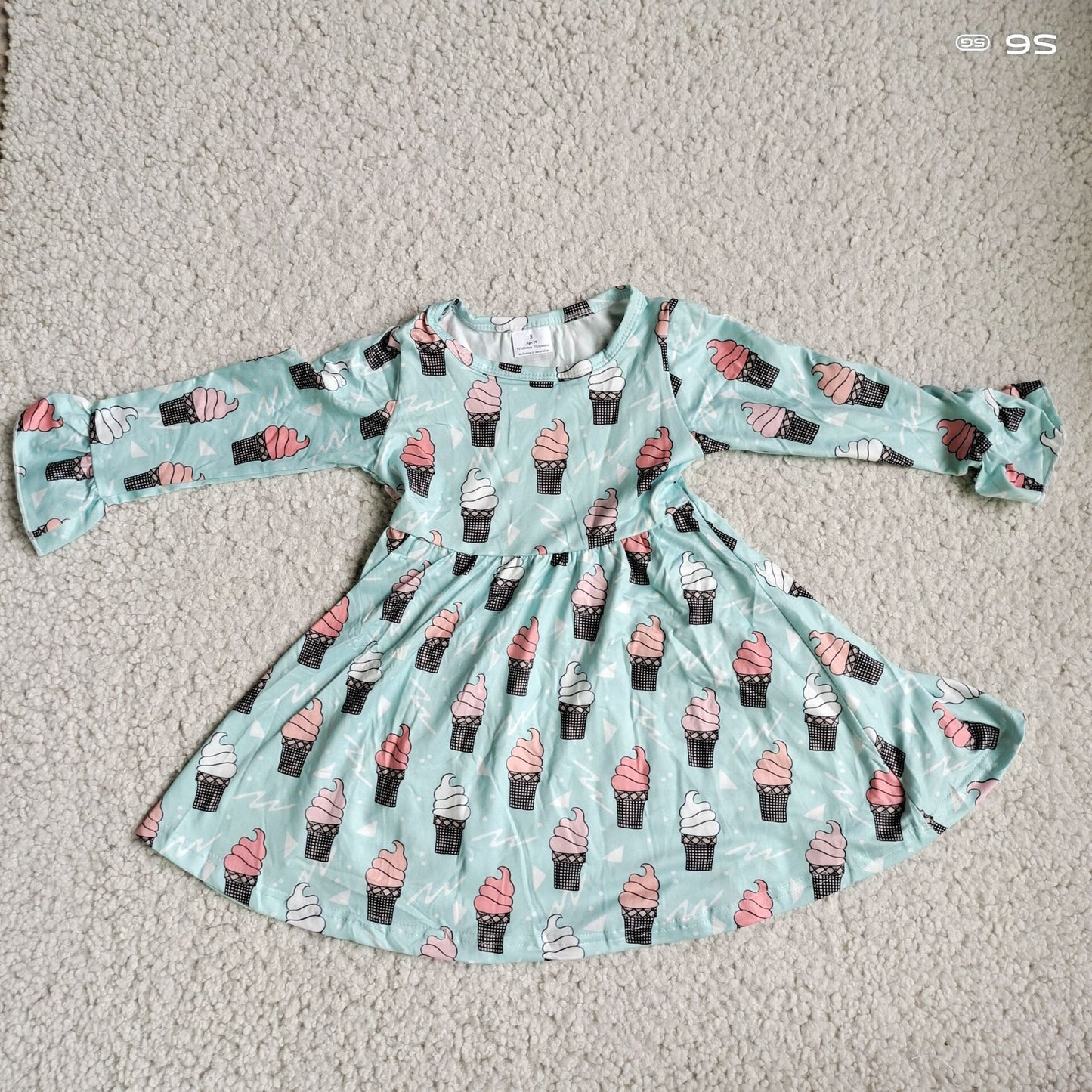 9.25 RTS NO MOQ（In stock）G3-20., Baby Girls Winter Dress Ice cream light green long-sleeved dress