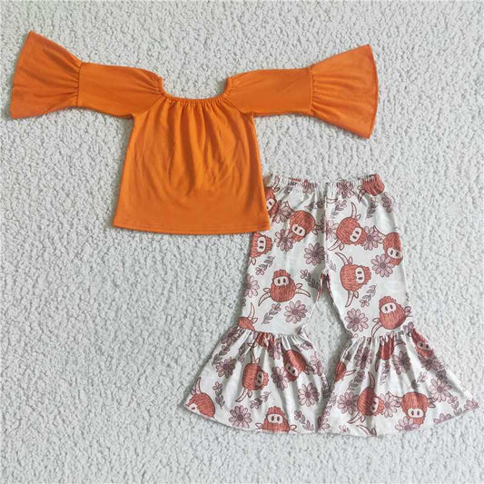GLP0009Solid cotton top highland cow pants girls fall clothing