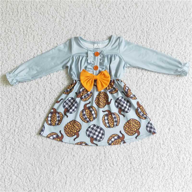 GLD0007  Baby girls fall pumpkin bow long sleeve dresses