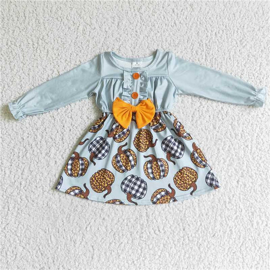GLD0007  Baby girls fall pumpkin bow long sleeve dresses