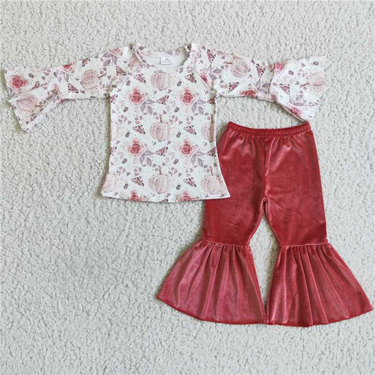 GLP0040Floral pumpkin shirt velvet pants girls fall clothes