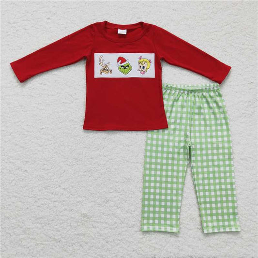 BLP0006Green face embroidery top match pants boy Christmas clothes