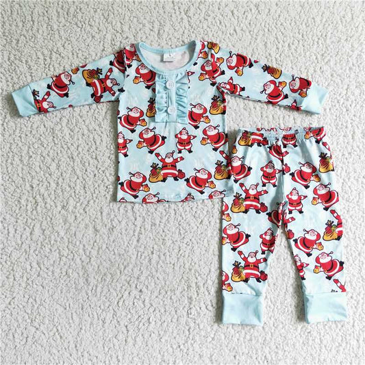 12.12 RTS NO MOQ （In stock）BLP0027 Baby Girls santa Christmas ruffle pajamas pants clothes sets