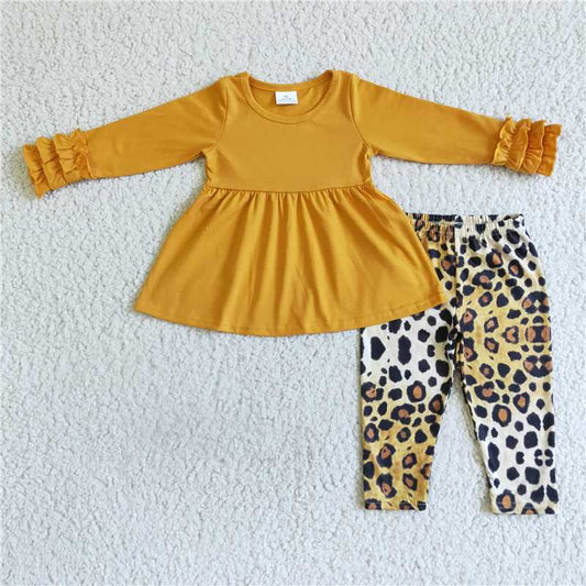 GLP0109Solid cotton tunic leopard leggings girls fall winter set
