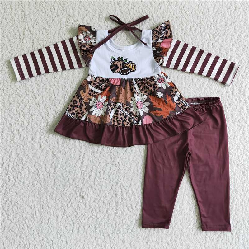 GLP0117Pumpkin football embroidery tunic set girls fall clothes