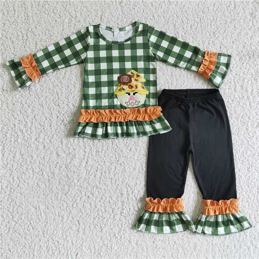 GLP0129Plaid shirt scarecrow embroidery shirt ruffle pants girls fall clothes