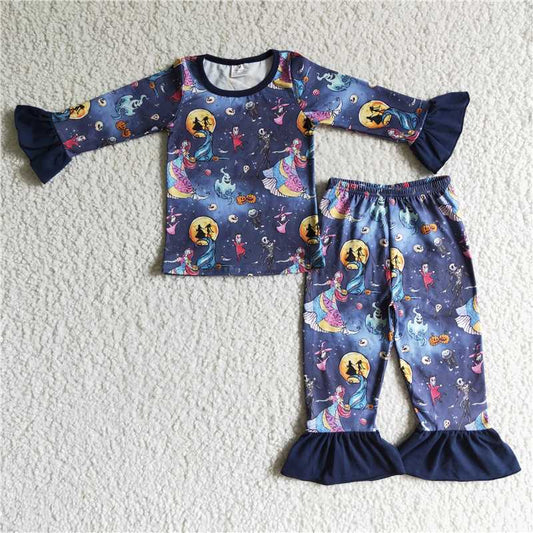 GLP0073Moon skull patchwork pumpkin girls Halloween pajamas