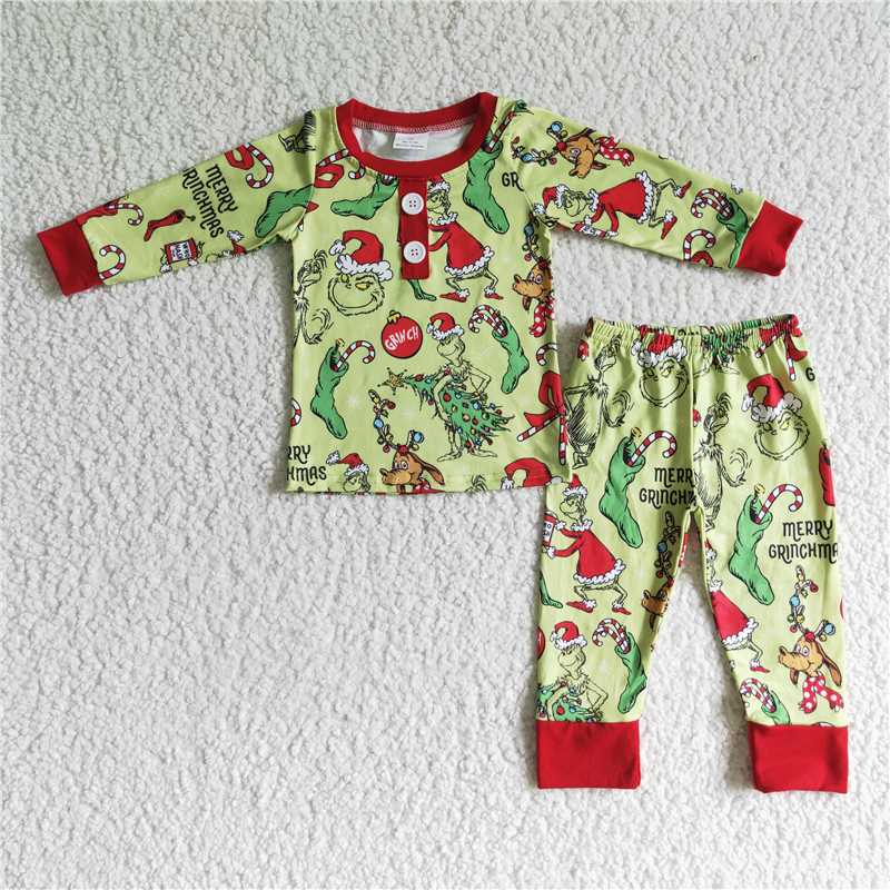 Baby kids red and green Christmas green furry monster print long sleeve long pants pajama set