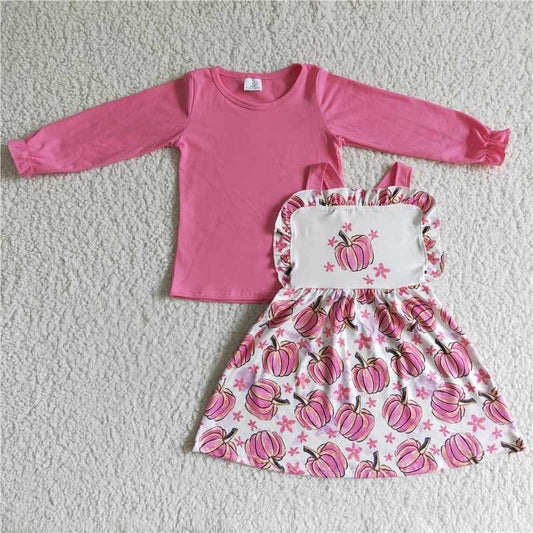 GLD0032Pink shirt pumpkin suspender dress girls fall clothing set