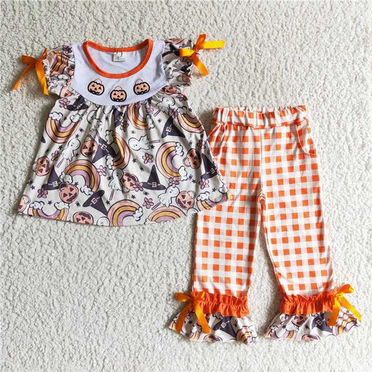 GSPO0176 Girls Rainbow Embroidered Pumpkin Short Sleeve Pants Set