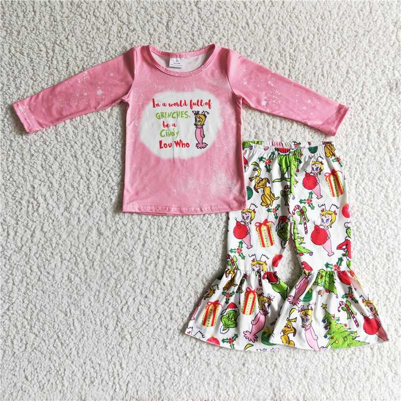 GLP0208 Girls grinch pink long-sleeved trousers suit