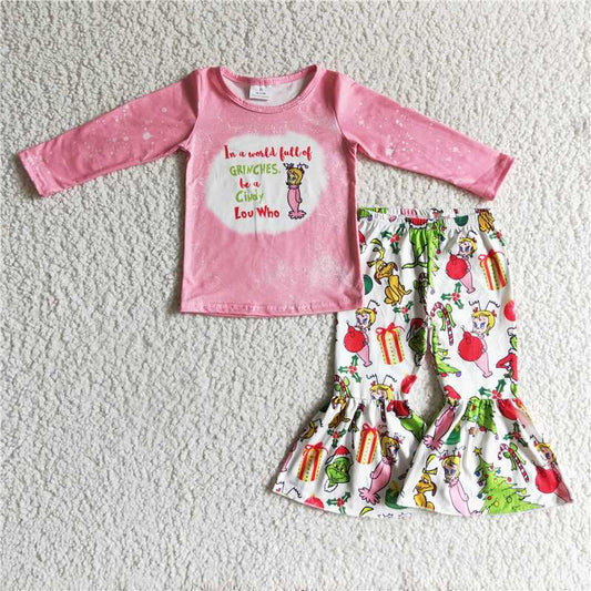 GLP0208 Girls grinch pink long-sleeved trousers suit