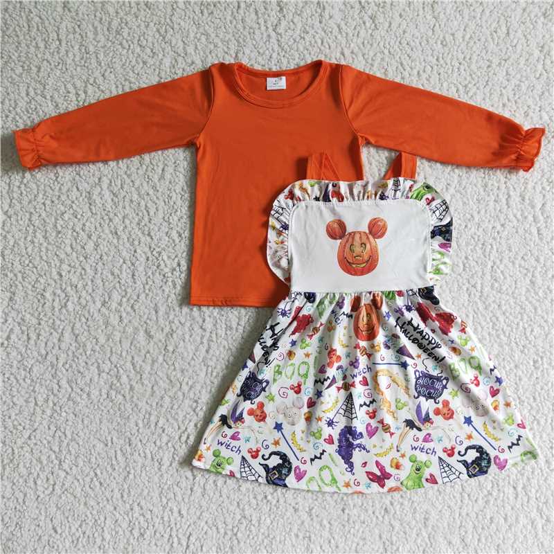 GLD0033Orange shirt mouse snacks witches suspender dresses girls Halloween set