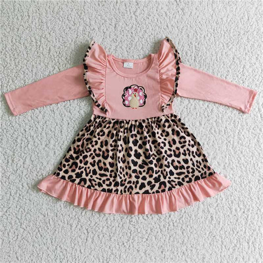 GLD0088  Baby girls turkey leopard pink knee length dresses