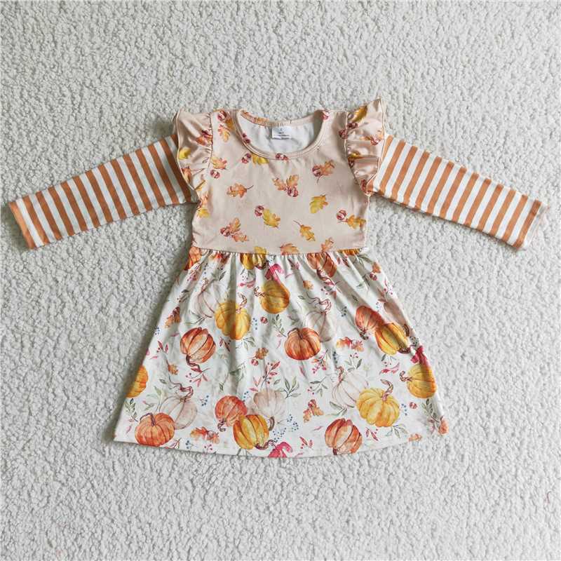 GLD0085  Baby girls pumpkin leaves long sleeve dresses