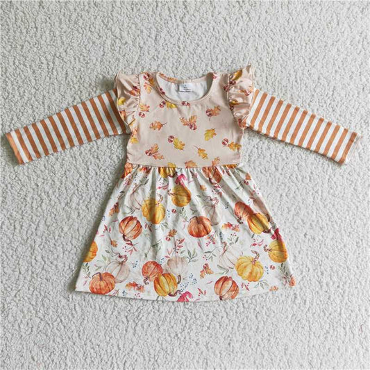 GLD0085  Baby girls pumpkin leaves long sleeve dresses