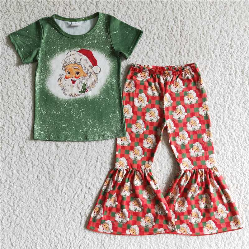 GSPO0182 RTS NO MOQ Baby Girls Spring Outfits Girls Santa Claus green short-sleeved trousers suit