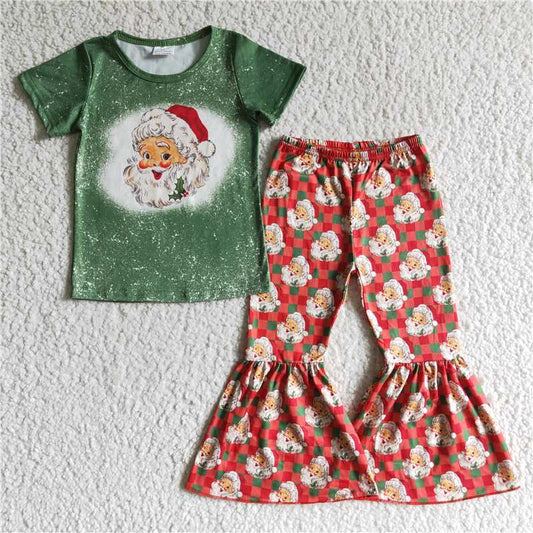 GSPO0182 RTS NO MOQ Baby Girls Spring Outfits Girls Santa Claus green short-sleeved trousers suit