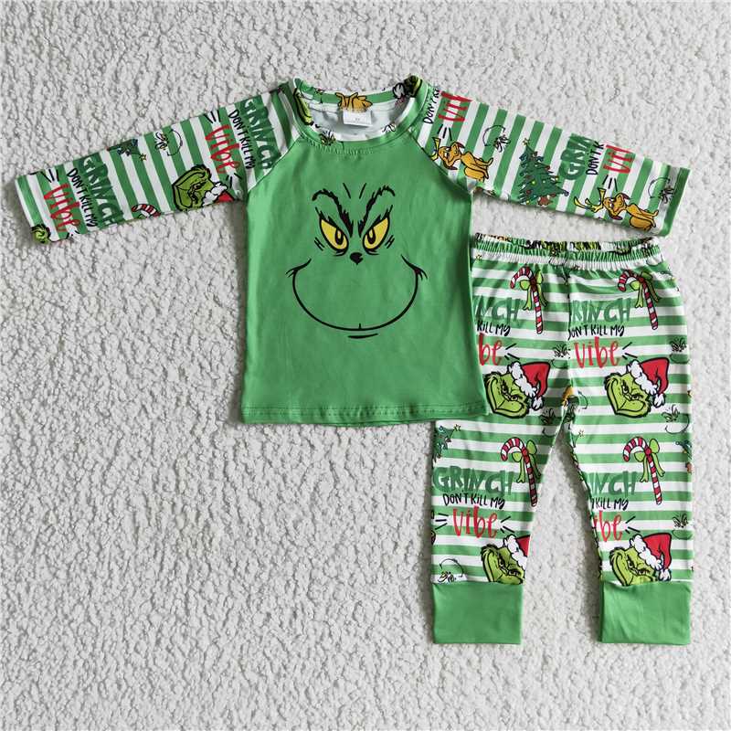 Baby kids red and green Christmas green furry monster print long sleeve long pants pajama set