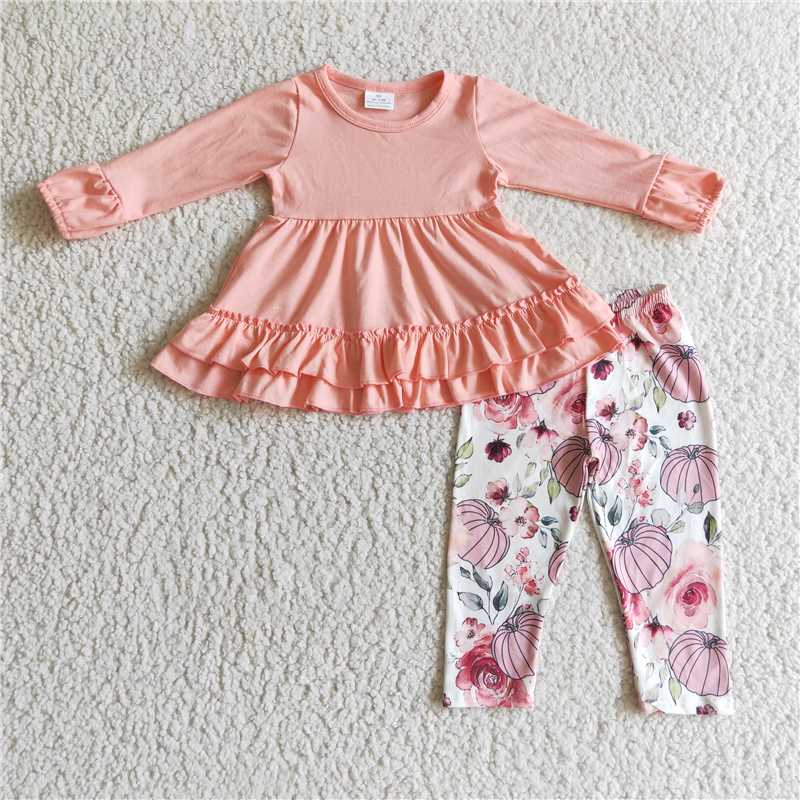 GLP0265Pink ruffle tunic pumpkin leggings baby girls fall clothes