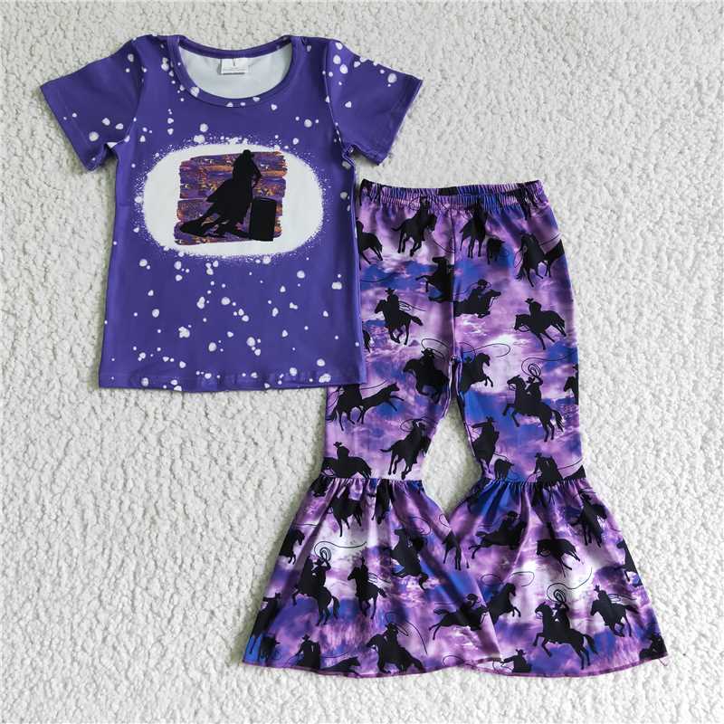 GSPO0203 Girls' western denim purple short-sleeved trousers suit