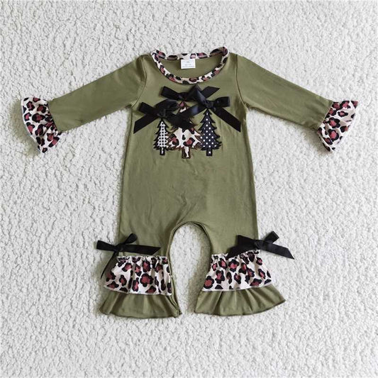 12.4 RTS NO MOQ （In stock）LR0166 Baby girls Christmas tree leopard green rompers