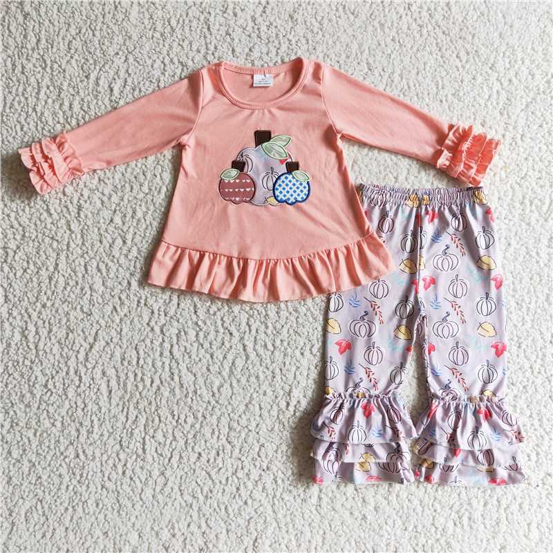 GLP0209Pink pumpkin embroidery triple ruffle pants girls fall clothes
