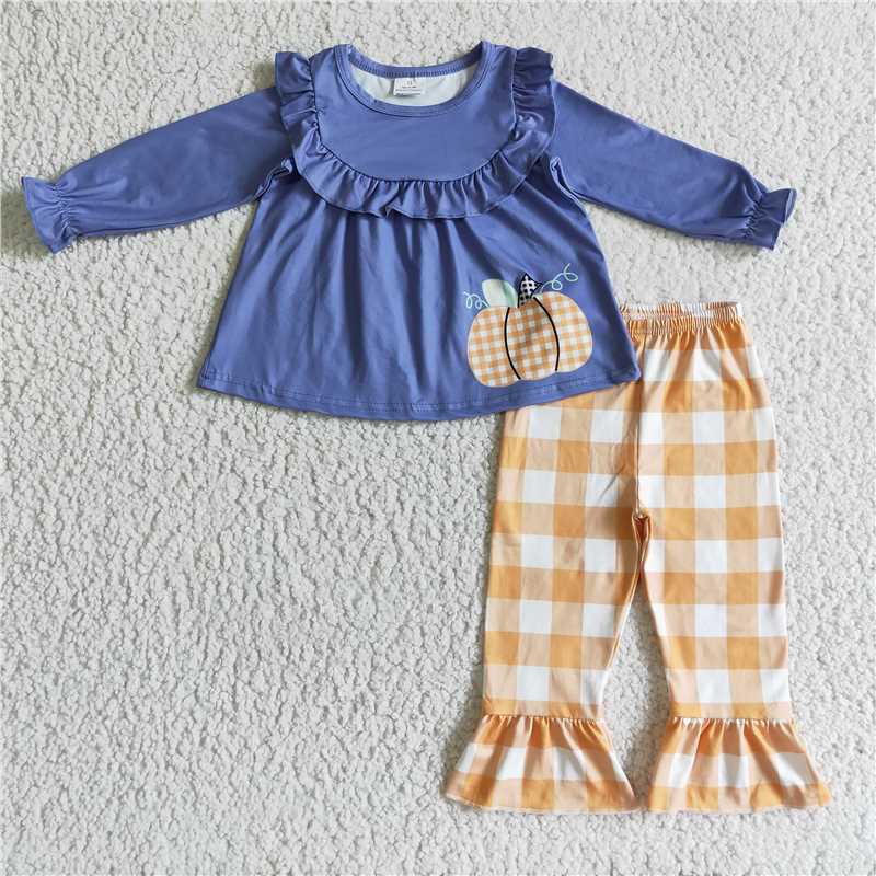 GLP0253Blue pumpkin tunic plaid pants girls fall clothes