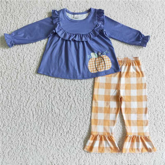 GLP0253Blue pumpkin tunic plaid pants girls fall clothes