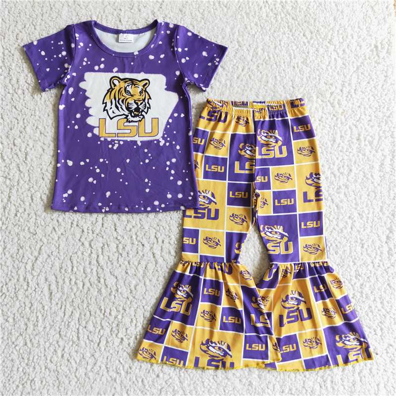 GSPO0210 Girls LSU Tigers Purple Short Sleeve Pant Suit